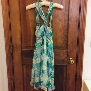 Max Studio silk floral green blue halter dress Sm